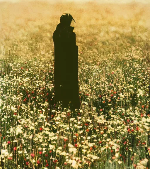 Image similar to mystical death god standing in tall meadow of flowers, distant, vintage film photo, grainy, high detail, high resolution