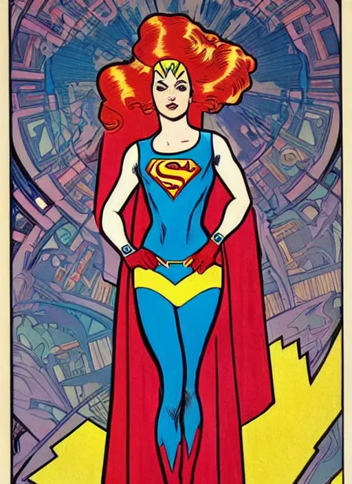 Image similar to a beautiful young woman. she is a superhero, wearing a superhero costume. well composed, clean elegant painting, beautiful detailed face. retro comic book art by steve ditko and jack kirby and ( alphonse mucha )