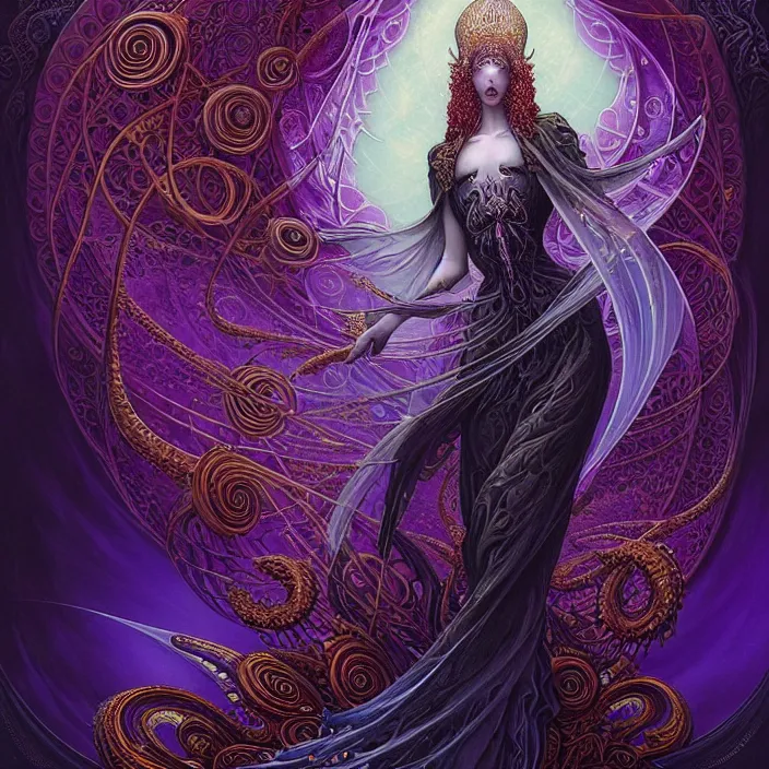 Prompt: depicting a beautiful female radiant holy cleric, in the style of h. p. lovecraft and joe fenton, exuberant organic elegant forms, by karol bak and filip hodas : : 1. 4 purple, red, blue, green, black intricate mandala explosions : : intuit art : : turbulent water backdrop : : damask wallpaper : : atmospheric