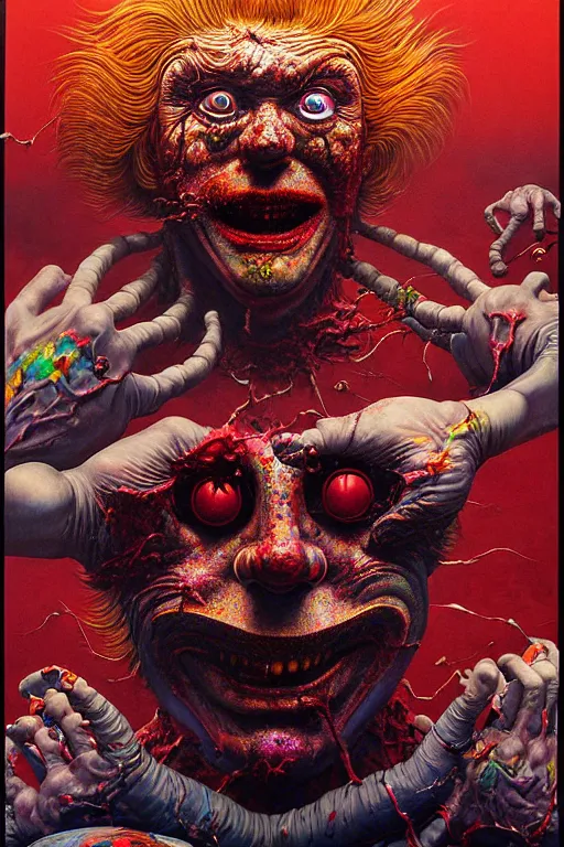 Image similar to a hyperrealistic painting of a evil boss fight against tyrant ronald mcdonald, cinematic horror by chris cunningham, lisa frank, richard corben, highly detailed, vivid color, beksinski painting, part by adrian ghenie and gerhard richter. art by takato yamamoto. masterpiece