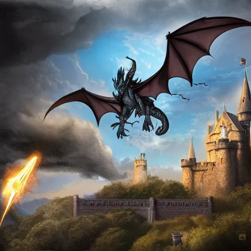 Image similar to a dragon flying above a castle, 8 k concept art