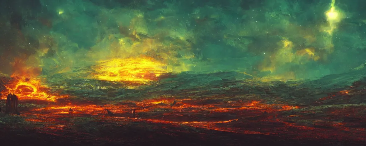 Image similar to ” barren fiery landscape at night, [ cosmic, cinematic, detailed, epic, widescreen, opening, establishing, mattepainting, photorealistic, realistic textures, octane render, art by slop and paul lehr ] ”