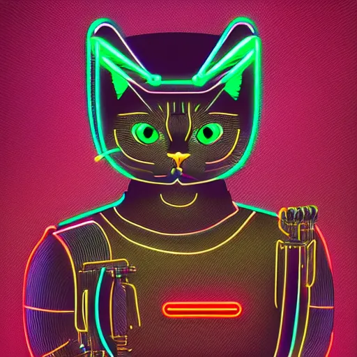 Image similar to a half robot cat wearing a hat, outlined by whirling illuminated neon lines, outrun, vaporware, shaded flat illustration, digital art, trending on artstation, highly detailed, fine detail, intricate
