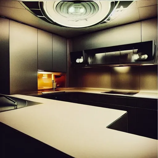 Image similar to “candid photography depicting life aboard a sci-fi spaceship. Kitchen, and common areas. Cozy lighting. Photo taken in the style of a French film”