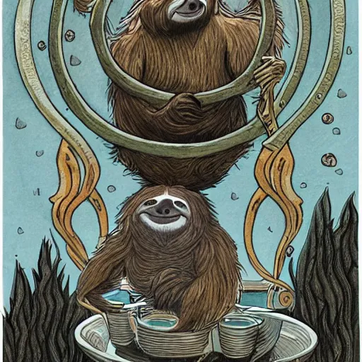 Prompt: sloth as the king of cups, full view, traditional art