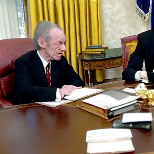 Prompt: president gollum and sauron in an oval office meeting to discuss the one ring