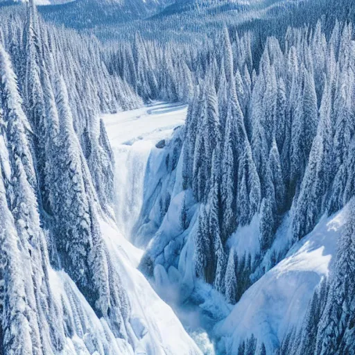 Prompt: British Columbia mountain valley, scenery, winter, helicopter view, hyper realistic, epic, frozen waterfall