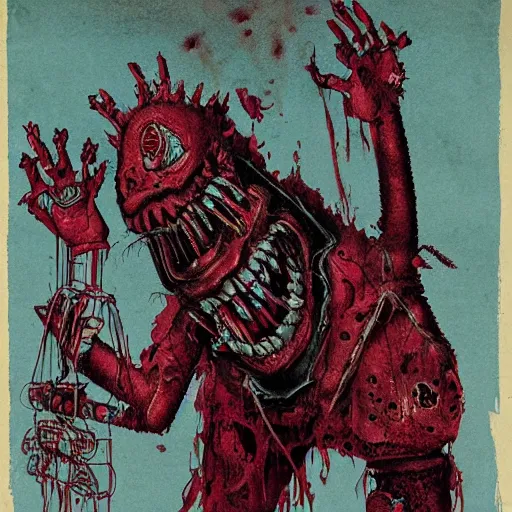 Image similar to evil puppeteer, campy horror illustration, highly detailed and disturbing