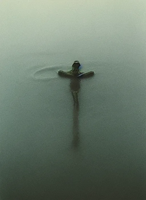 Image similar to “semitranslucent smiling frog vertically hovering over misty lake waters in crucifix pose, low angle, long cinematic shot by Andrei Tarkovsky, paranormal, eerie, mystical”