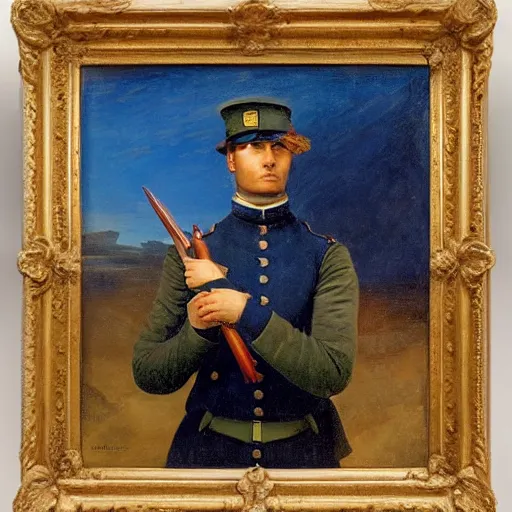 Image similar to an impasto oil painting of a soldier holding a colorful flower painted by caspar david friedrich, blue color scheme