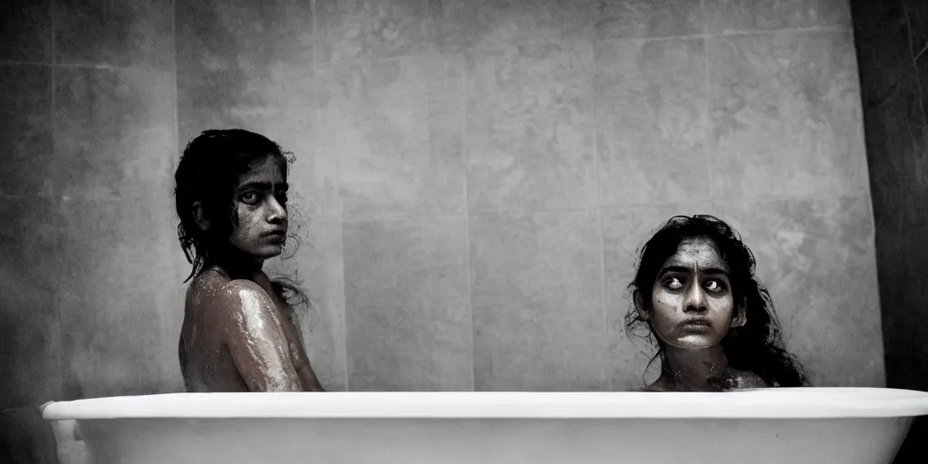 Prompt: sri lankan young woman in a bath tub, film still, thriller movie style