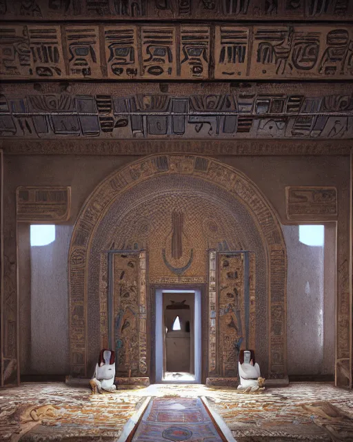 Image similar to greg rutkowski digital painting of an ornate and royal egyptian antechamber tomb, unreal engine, hyper realism, realistic shading, cinematic composition, blender render, octane render, hdr, detailed textures, photorealistic, ultrawide shot, 3 5 mm film