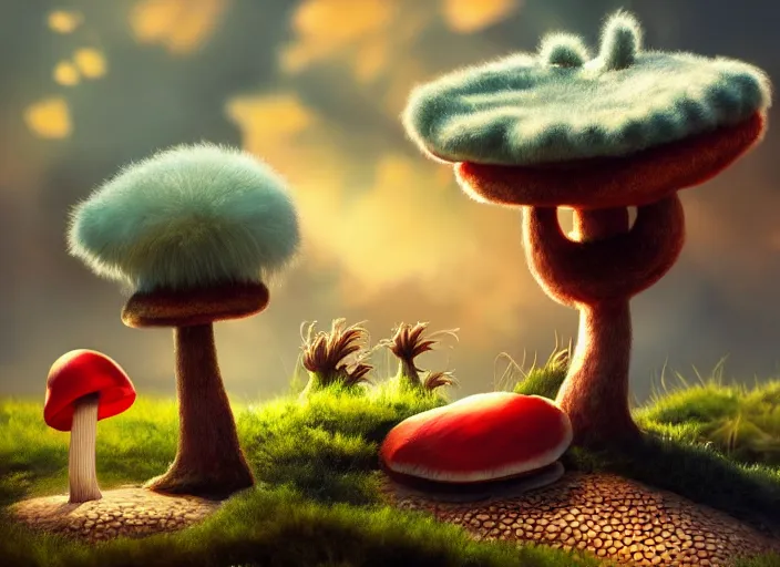 Prompt: a cute dr seuss creature sitting next to a mushroom, golden hour, fantasy, sharp focus, digital art, hyper realistic, 4 k, unreal engine, highly detailed, hd, dramatic lighting by brom, trending on artstation