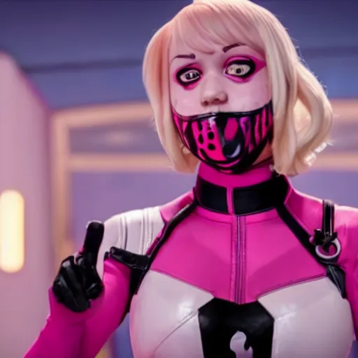 Image similar to A still of Gwenpool in Deadpool 3 (2023), no mask, blonde hair with pink highlights