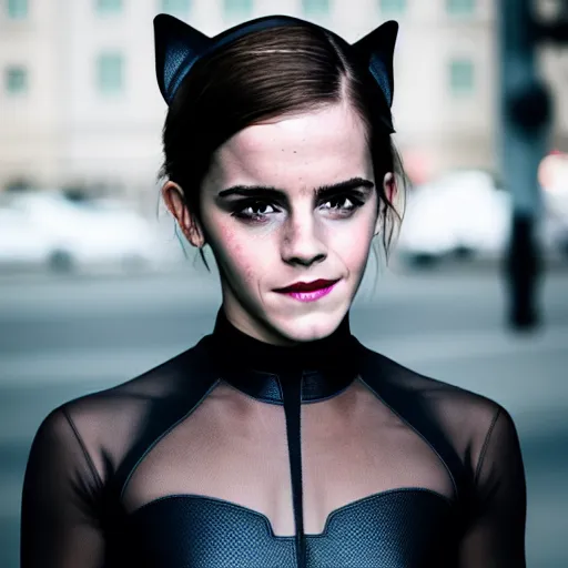 Prompt: Emma Watson as Catwoman, Fujifilm X-T3, 1/1250s at f/2.8, ISO 160, 84mm, 8K, RAW, symmetrical balance, Dolby Vision, HDR, Luminar AI