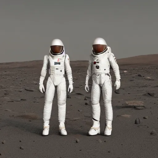 Prompt: two identical sleek white very long spacecrafts in parallel diagonally over the surface of mars dramatic lighting, highly detailed, photorealistic, cinematic, sci-fi, octane render