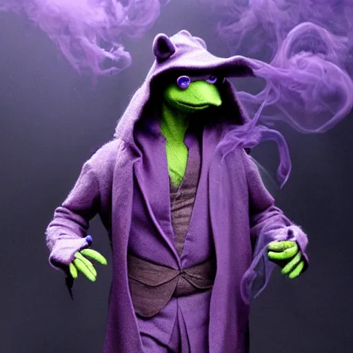 Prompt: Kermit dressed as The Undertaker, detailed, hyper realistic, purple fog, billowing blue smoke, atmospheric