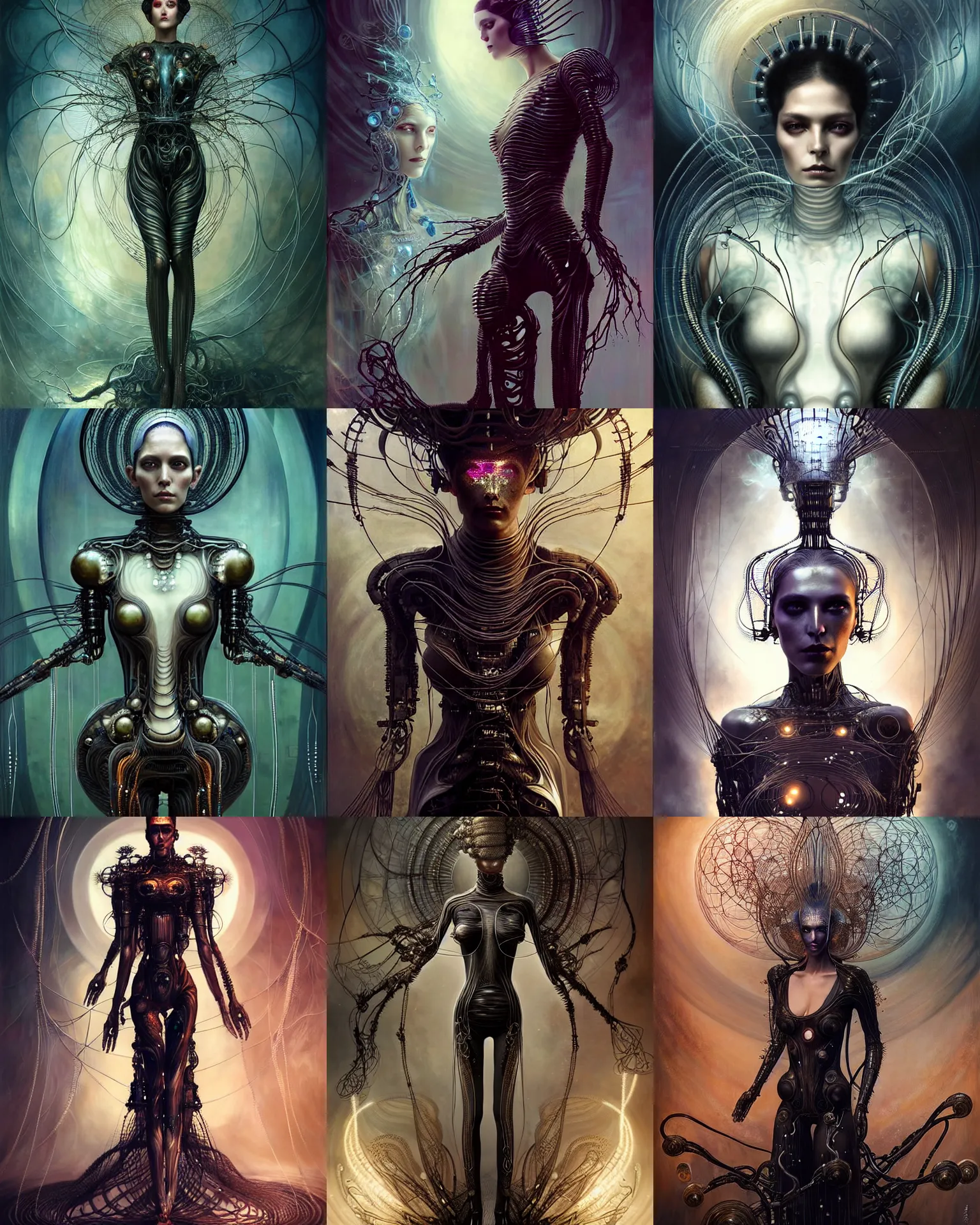 Image similar to karol bak and tom bagshaw and bastien lecouffe - deharme full body character portrait of the borg queen of sentient parasitic flowing ai, floating in a powerful zen state, supermodel, beautiful and ominous, wearing combination of mecha and bodysuit made of wires and fractal ceramic, machinery enveloping nature in the background, scifi character render