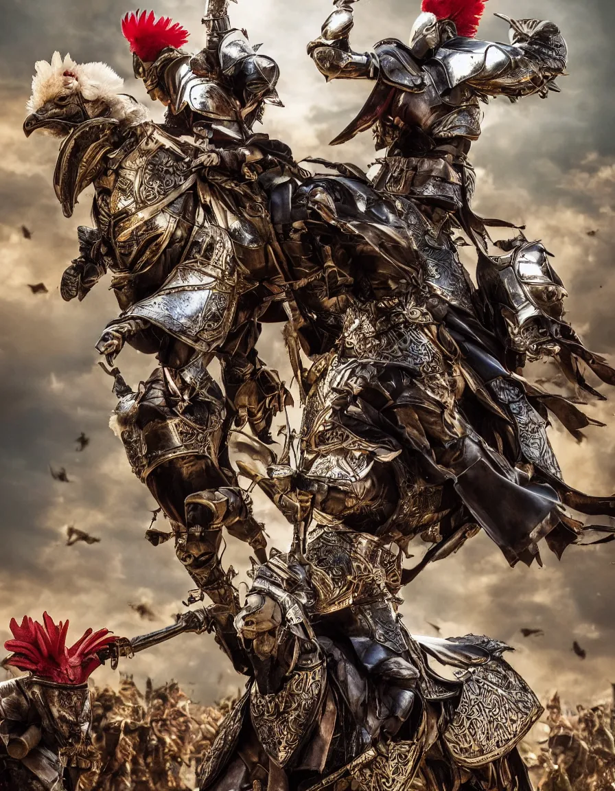 Prompt: rooster with plate armor jousting, hyper-realistic, 4k, movie poster, fantasy