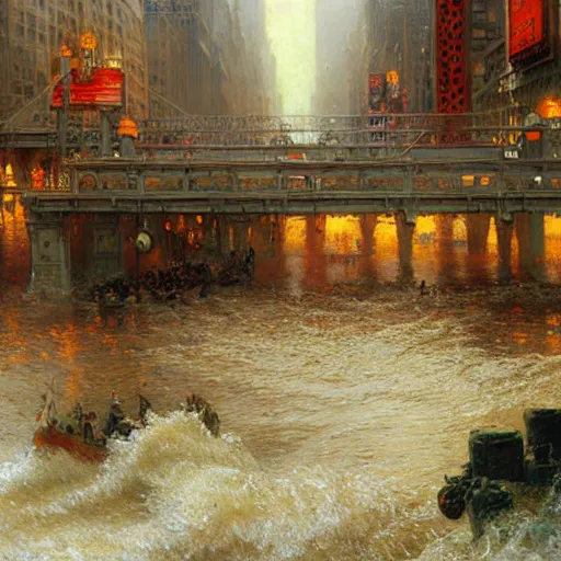 Image similar to the sea flooding the entire city of modern new york. you can see the water entering buildings highly detailed painting by gaston bussiere, craig mullins, j. c. leyendecker