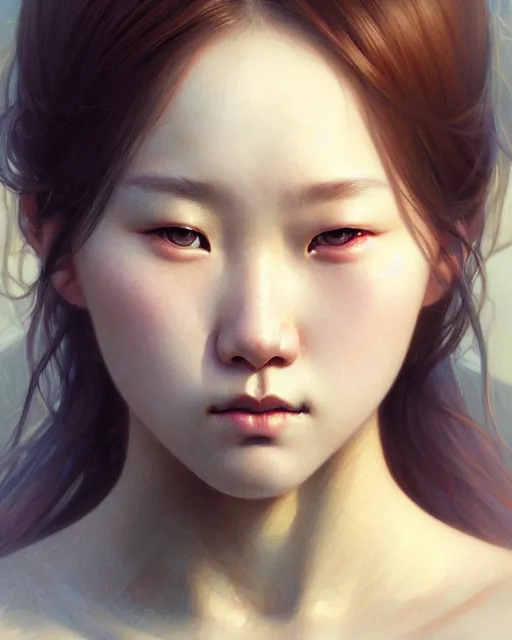 Prompt: Close-up portrait of half-korean, half-nordic girl, portrait, highly detailed, digital painting, artstation, concept art, sharp focus, illustration, art by artgerm and greg rutkowski and alphonse mucha