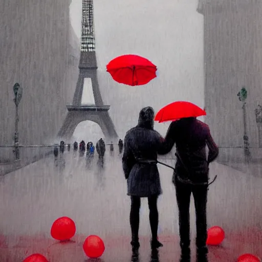 Prompt: two people standing in front of eiffel tower at trocadero holding red baloons, rainy day, strong colors, painting by eugene de lacroix,