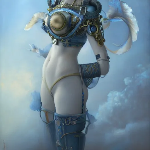Image similar to by tom bagshaw, breathtaking almond blue eyes, ultra realist vivid soft painting of a carnival of curiosities, single curvy flirt etheral young steampunk female in a full ornated armor gears, cables, led, flying machinery, partial symmetry accurate features, very intricate details, focus, award winning, ultra dense fog