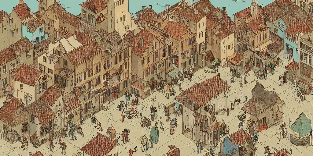 Prompt: isometric view illustration of a medieval village street corner, highly detailed, mid day by Victo Ngai