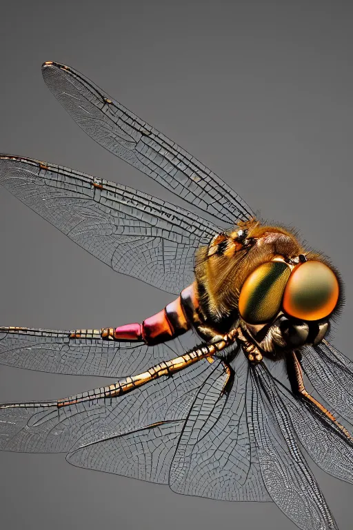 Image similar to a macro photo of a dragonfly, dynamic pose, extreme close - up, intricate details, intricately detailed wings and compound eyes, intricate textures, warm lighting, vivid colors, smoke and mist, realistic octane render, hyper realistic render, volumetric shading, depth of field, raytracing, 8 k,