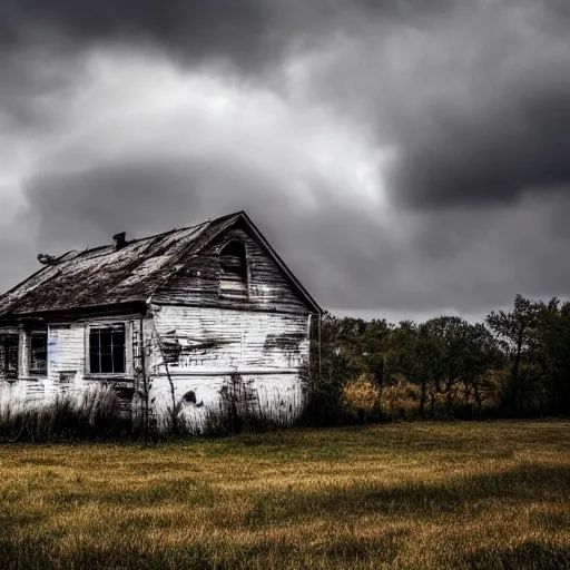 Image similar to old abandoned house in daisy field, cloudy sky, huge cloud, mist, ultra - realiste, cinematic, hd, 8 k