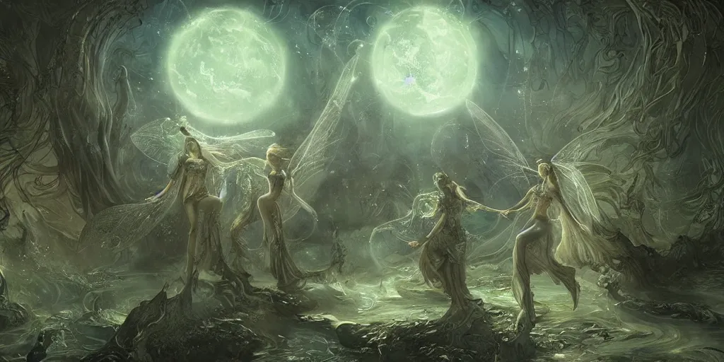 Image similar to concept art of translucent glowing fairies dancing, lovecraftian, renaissance, melting, round moon, rich clouds, fighting the horrors of the unknown, very detailed, volumetric light, mist, fine art, decaying, textured oil over canvas, epic fantasy art, very colorful, ornate intricate scales