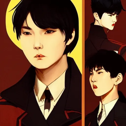 Image similar to MIN YOONGI is ZUKO, night time, dynamic lighting , looking at his FIRE SCAR reflection, +++ super super super dynamic posing, j.c. leyendecker, Valentina Remenar, thick eyebrows, super serious facial expression