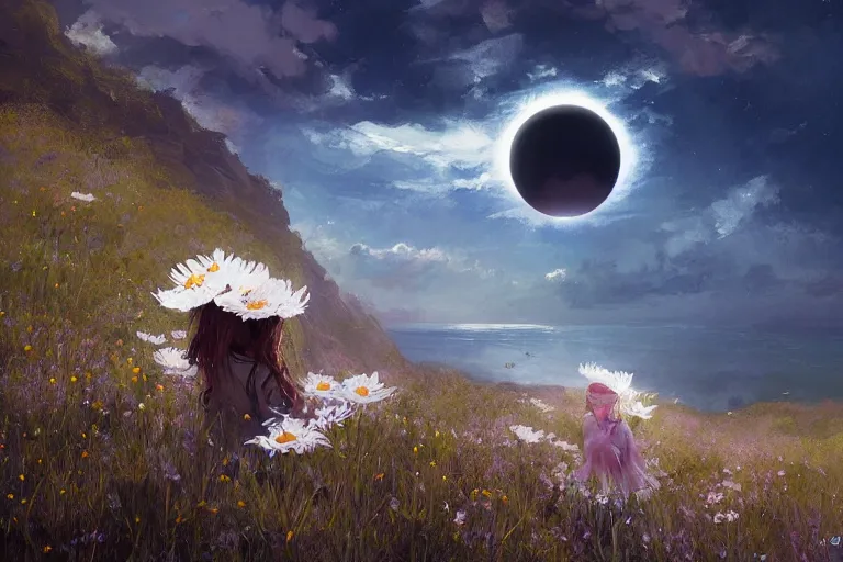 Prompt: giant white daisy flower on head, girl on cliff, surreal photography, solar eclipse, milky way, dramatic light, impressionist painting, clouds, digital painting, artstation, james gilleard, liam wong, jeremy mann, simon stalenhag
