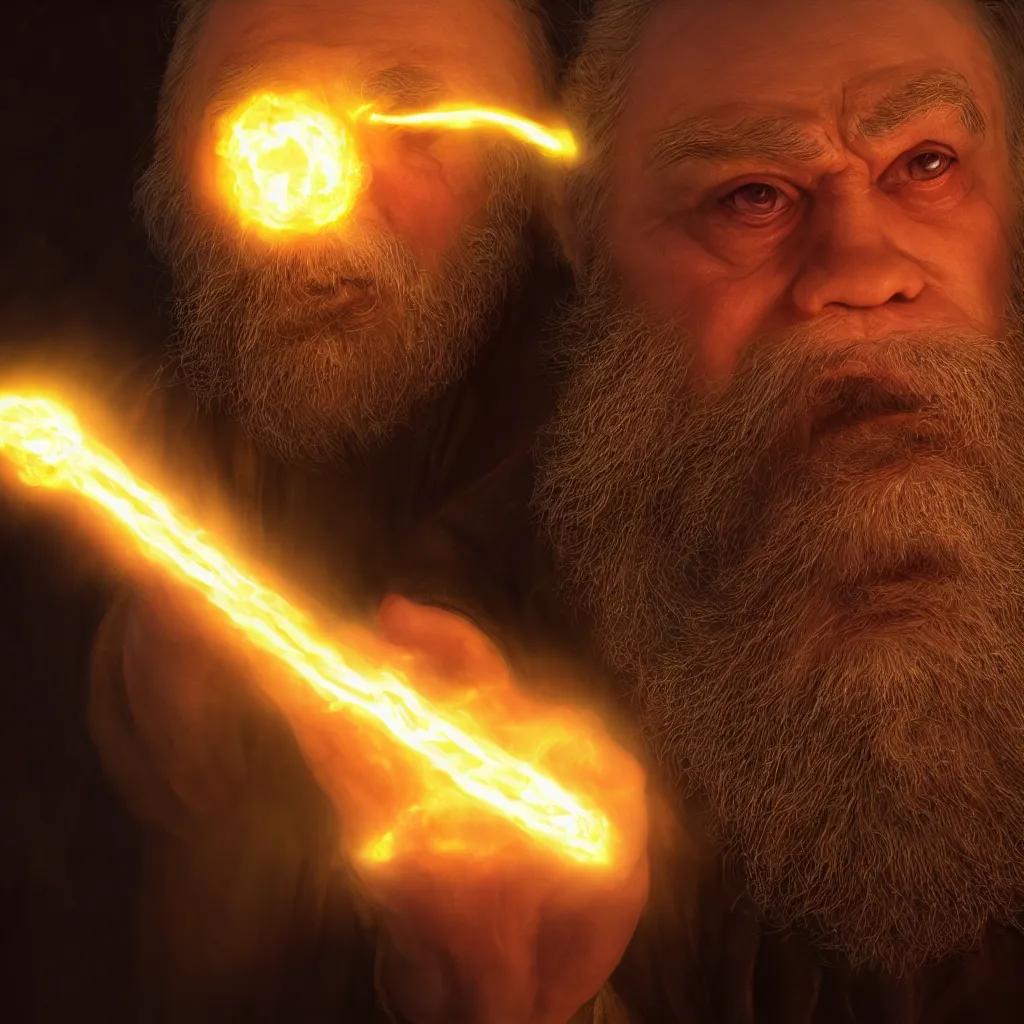 Image similar to Photorealistic cinematic close-up portrait of one angry dwarf wizard casting a fireball spell, by Larry Elmore and Steven Belledin . Magical occult photorealism, UHD, amazing depth, glowing, golden ratio, 3D octane cycle unreal engine 5, volumetric lighting, cinematic lighting, cgstation artstation concept art