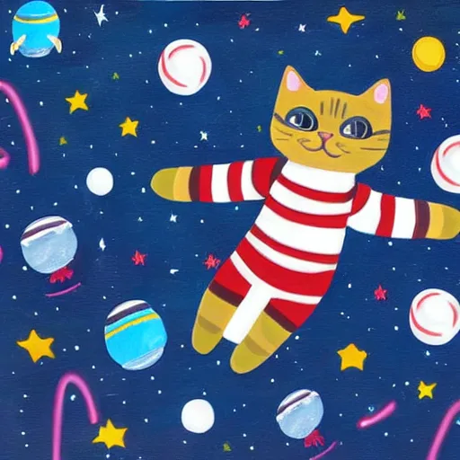 Prompt: painting of astronaut cat in space, candy canes in space, candy cane asteroid belt, candy canes flying in space, cat in astronaut suit in space, cat astronaut avoiding candy cane asteroids, astronaut cat