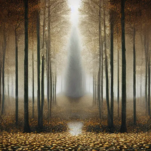 Image similar to heroinchic painting of A Beautiful fine-detailed gold and diamond Forest Illusion by erik johansson micro detailing