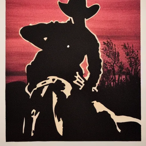 Image similar to siluette of a cowboy outlaw sitting on a horse. serigraph. screen - printed. sun - bleached highlights. sanded surface in soft colors