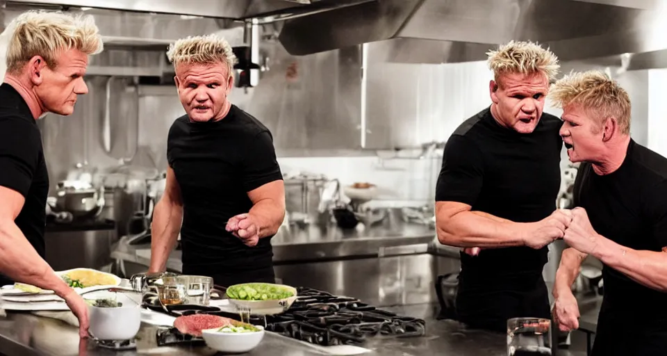 Image similar to photo of angry furious Gordon Ramsay punching Gordon Ramsay at the kitchen