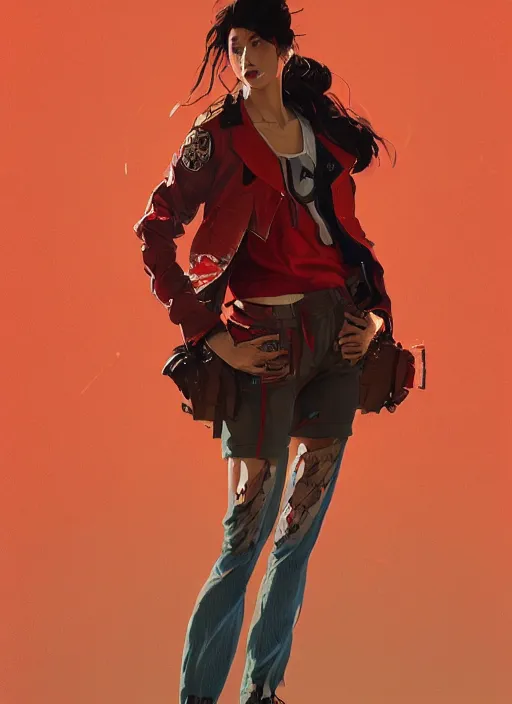 Prompt: full body long shot of Japanese female wearing red futuristic 1980s jacket and torn jean shorts, highly detailed, digital painting, artstation, concept art, sharp focus, illustration, art by greg rutkowski and alphonse mucha