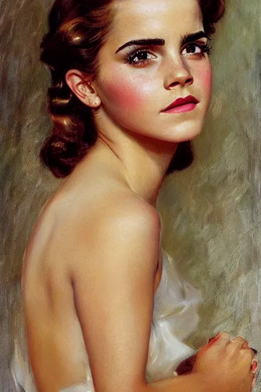 Prompt: detailed portrait of a beautiful emma watson 1 9 5 0 s hairstyle muscular, painting by gaston bussiere, craig mullins, j. c. leyendecker