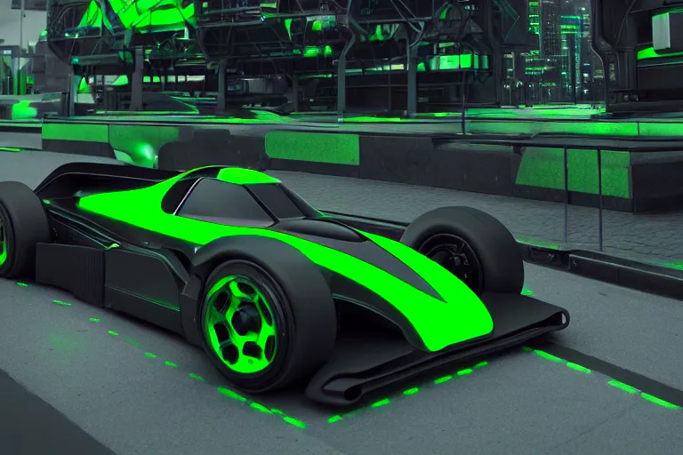 Prompt: a futuristic black and green Trackmania racing car with ZeratoR written on the side of the body, matte-black, green neon, ray-tracing, octane render, unreal engine, green cyberpunk city background