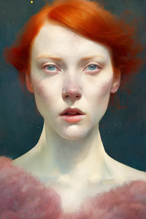 Image similar to of beautiful redhead female, beauty portrait by greg rutkowski, hilma af klint, moebius, victo ngai, sharp focus, global illumination, highly detailed, masterpiece, award winning, post processing