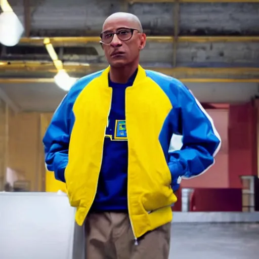 Prompt: gus fring in a blue varsity jacket with yellow sleeves, still from breaking bad