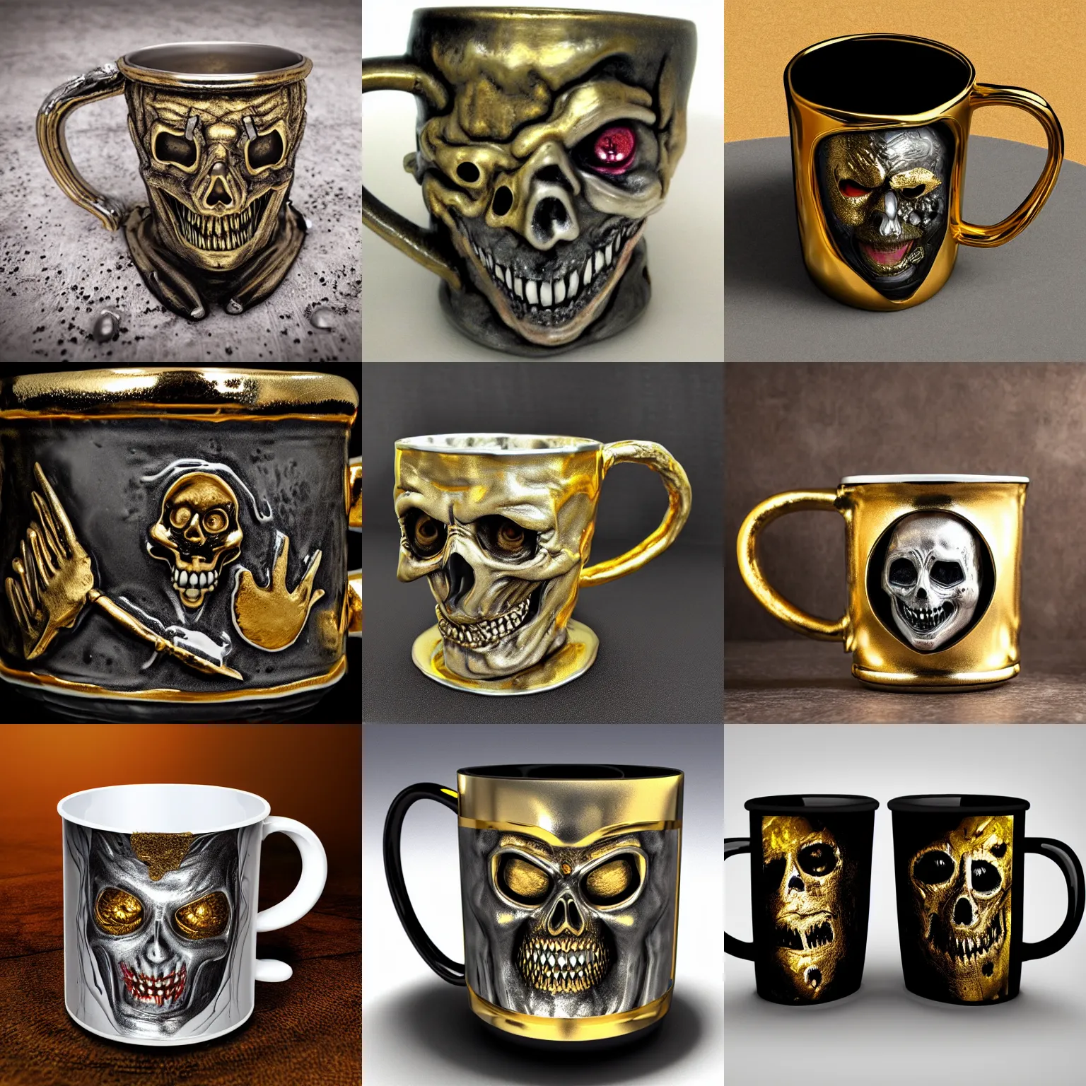 Prompt: mug of silver and gold, horror scene, detailed, photorealistic