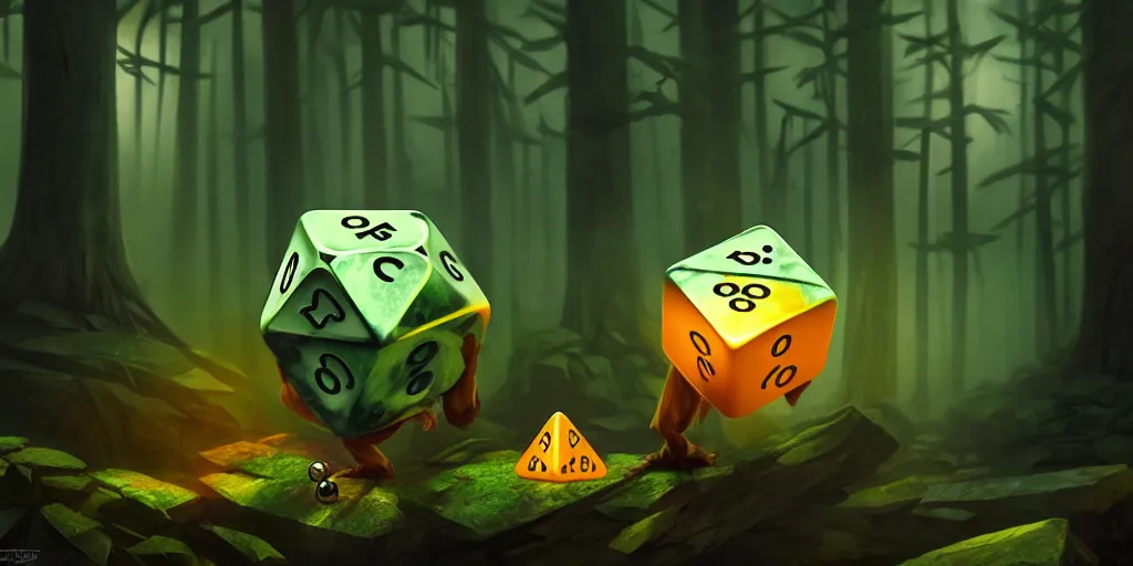 Image similar to anthropomorphic - cube - dice, lurking in the forest, cube - dice with little arms and legs, glowing energy, fantasy magic, by willian murai and jason chan and marco bucci, hyper detailed and realistic, illustration, sharp focus, cinematic, rule of thirds, forestpunk