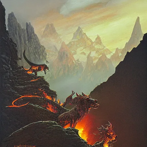 Image similar to Highly detailed oil painting of a fire hellhound on a narrow rock bridge, underground, intricate artwork by Angus McBride, John Howe, Matthew Stewart, Ted Nasmith, heroic fantasy