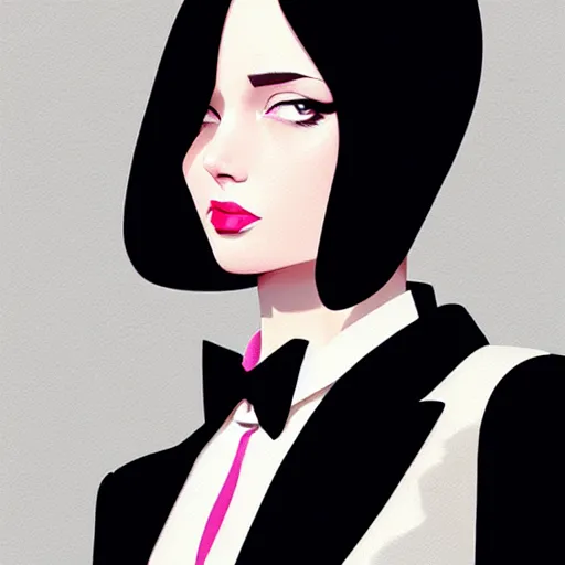 Image similar to young female in black tuxedo, corporate boss, luxury, muted colors, matte print, pastel colors, 2d, ultra highly detailed, smooth, sharp focus, digital art, digital painting, fan art, elegant, artstation, by Ilya Kuvshinov