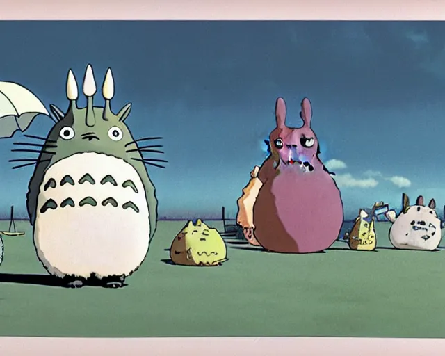 Image similar to a still from totoro, re imagined in the style of yves tanguy. durrealism, dadaism, ghibli
