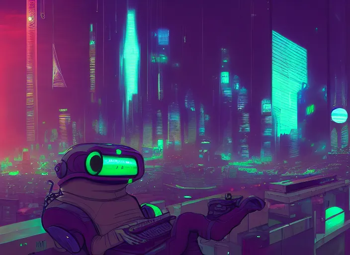 Image similar to cyberpunk pepe the frog, futuristic cityscape, computers, dylan kowalski, marat zakirov, albert ramon puig, trending on artstation, 8 k