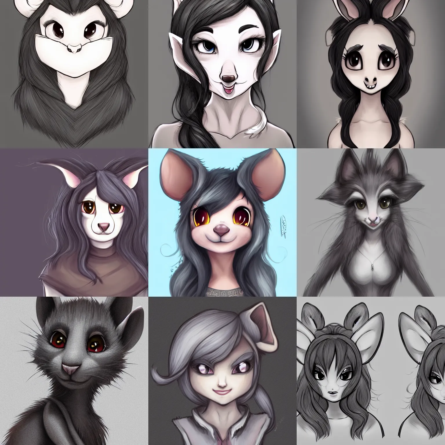 Prompt: 3/4 headshot of young female furry, D&D, cute, fantasy, intricate, long hair, grey skin, mouse face, mouse nose, mouse head, mouse ears, black hair, elegant, highly detailed, cartoony, artstation, concept art, smooth, sharp focus, illustration, art by Diives